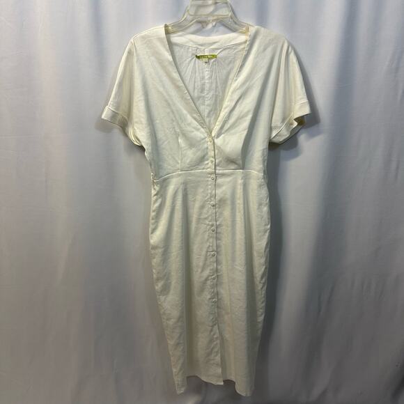 Gianni Bini White Linen Blend V-Neck Midi Dress Cap Sleeve Summer Small - Picture 1 of 7